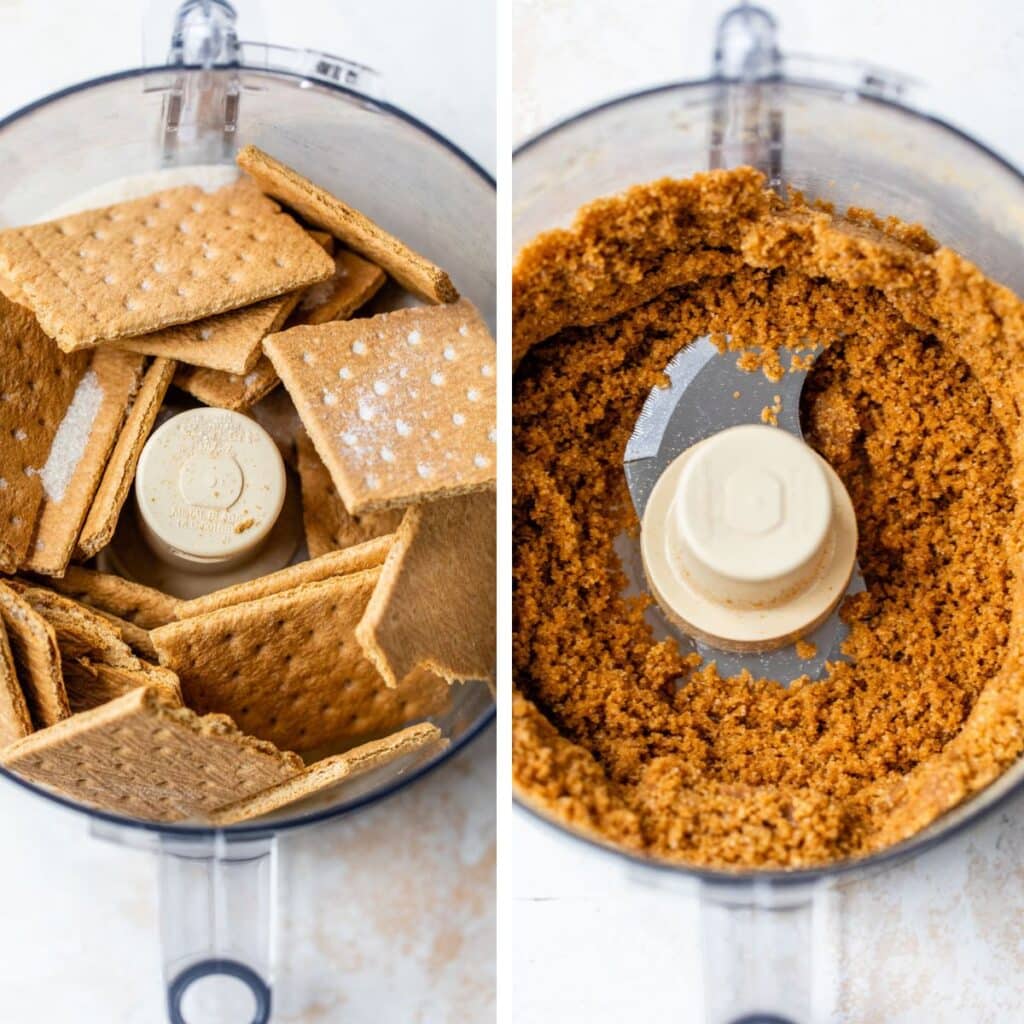 2 images: graham crackers and sugar in a food processor on the left and blended together on the right