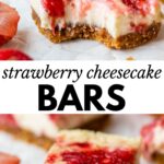 2 images of cheesecake bars topped with crushed strawberries