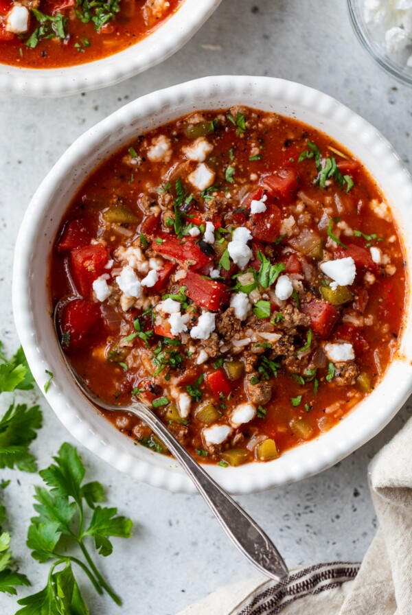 stuffed pepper soup in a bowl with a spoon