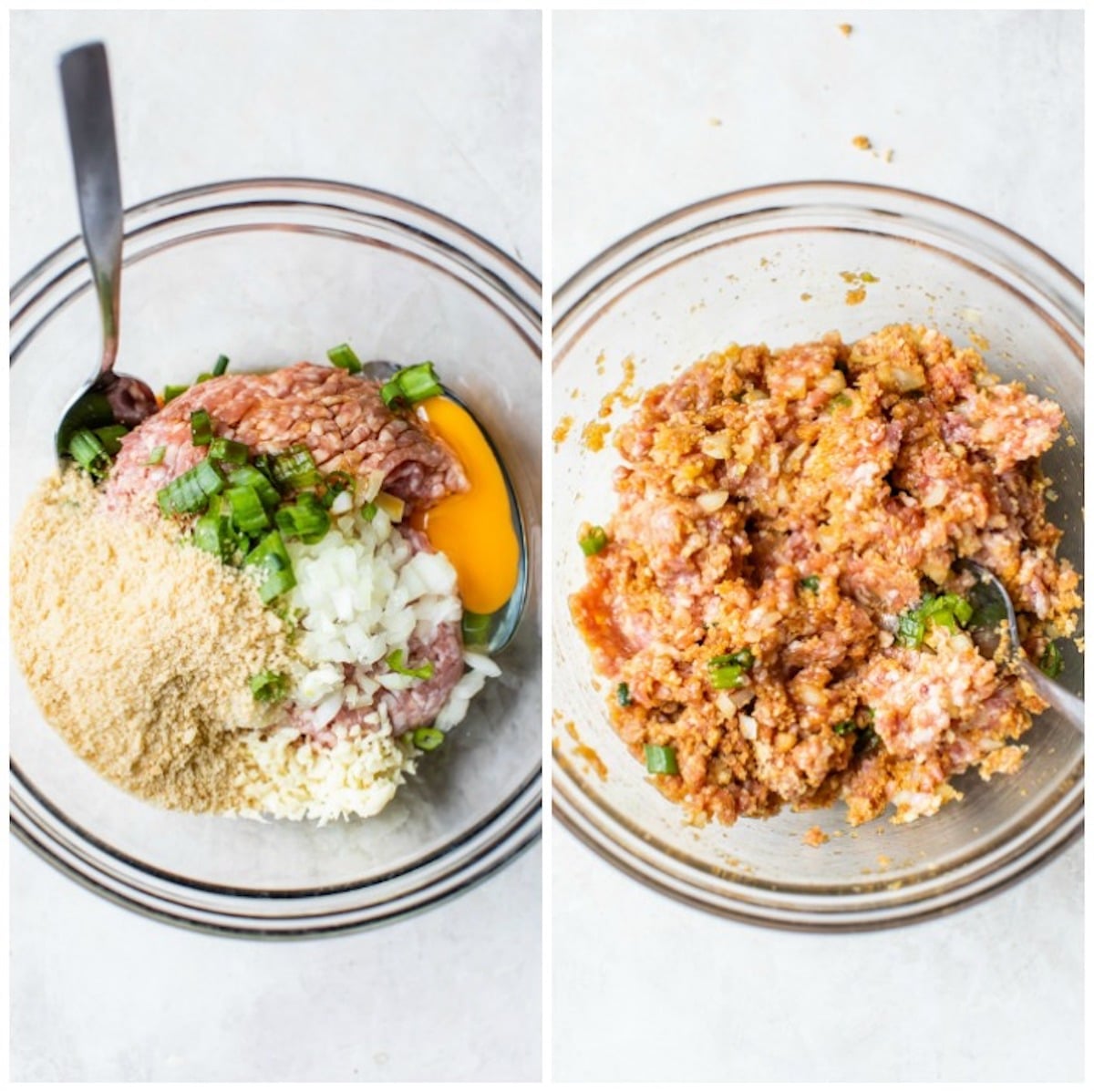 raw meat, breadcrumbs, egg, and onion in a glass mixing bowl