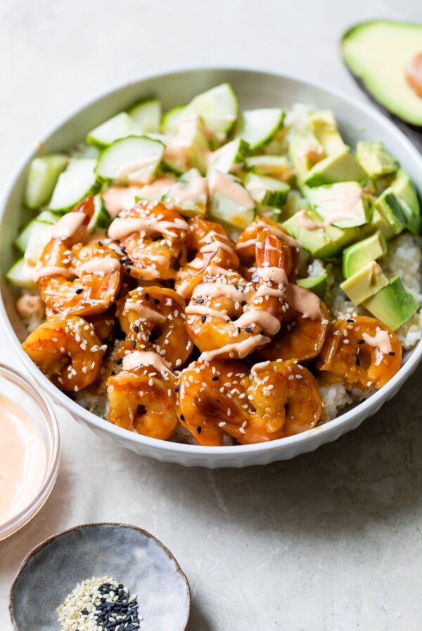 bowl with cucumber, avocado and shrimp