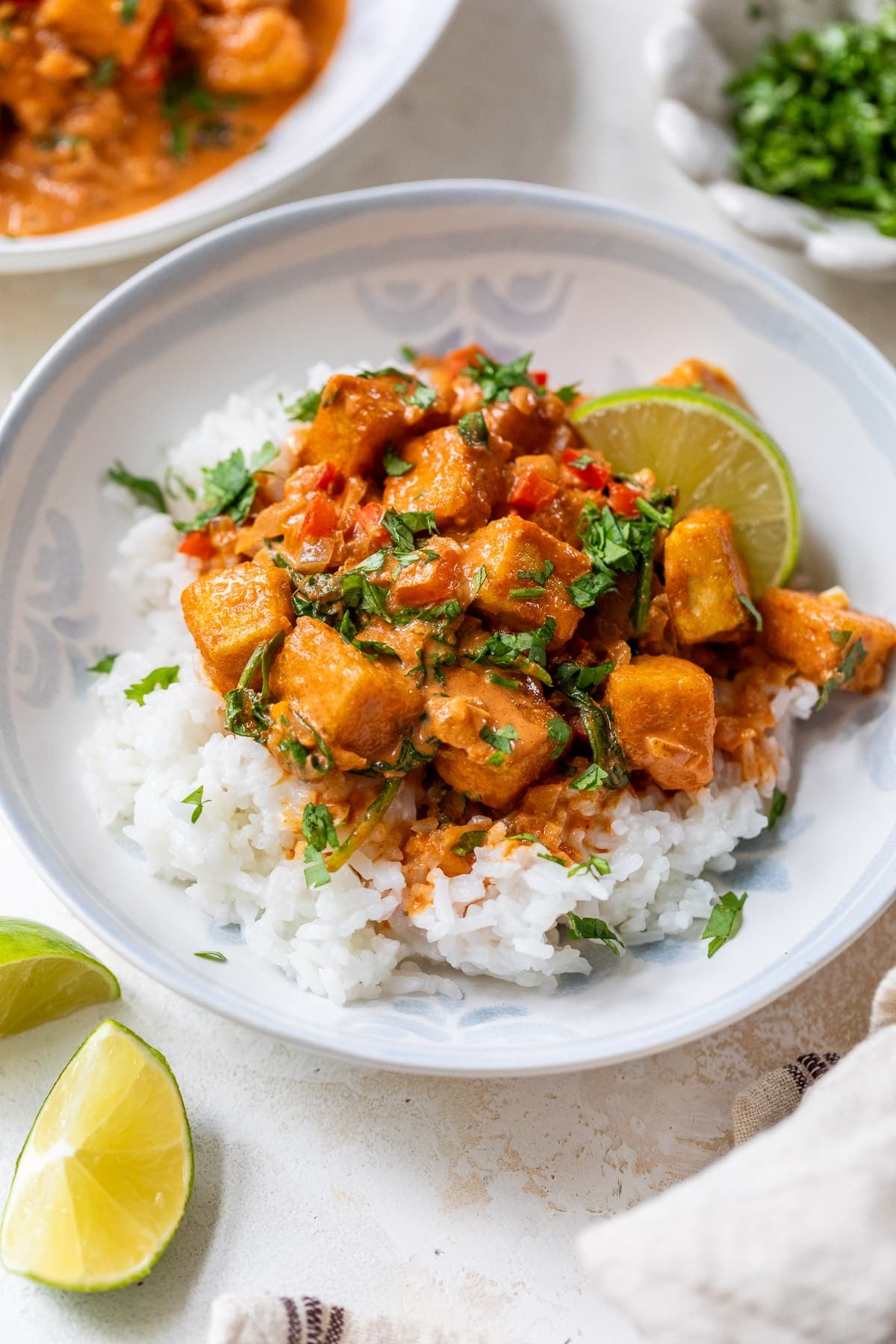 white rice topped with tofu curry in a white bowl.