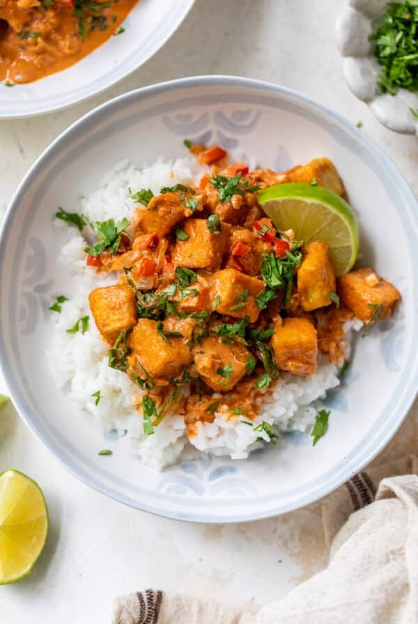 white rice topped with tofu curry in a white bowl.