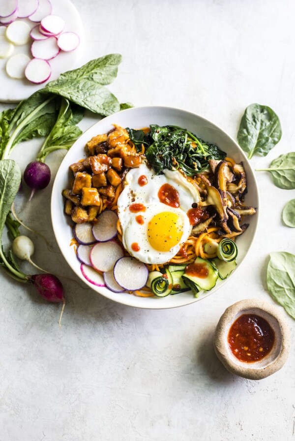 Tofu Sweet Potato Bibimbap | thealmondeater.com