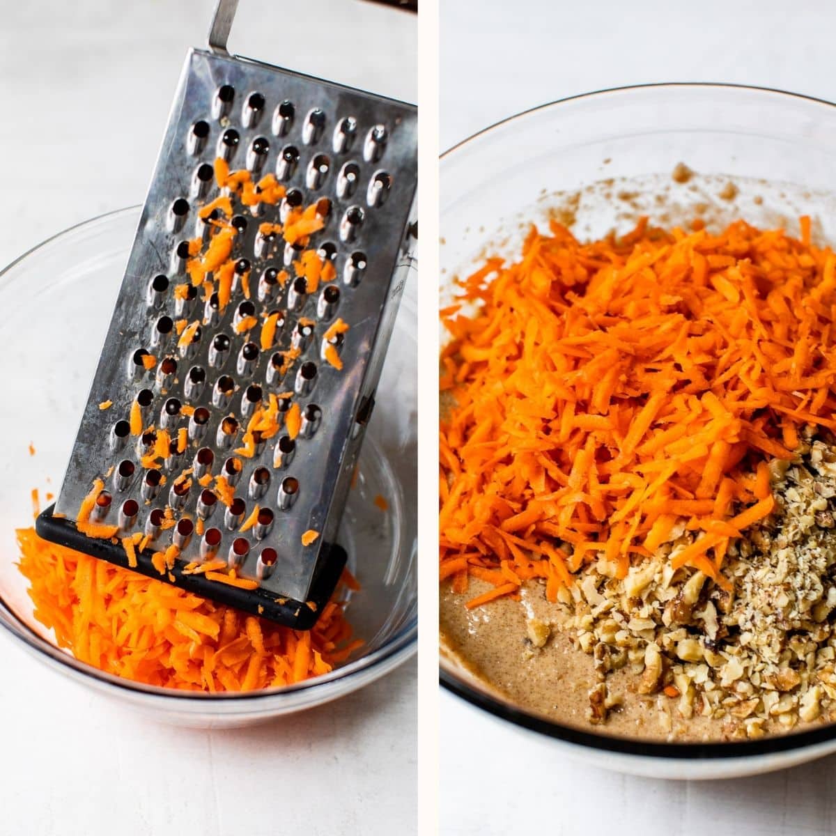 grated carrots in a bowl with cake batter and walnuts