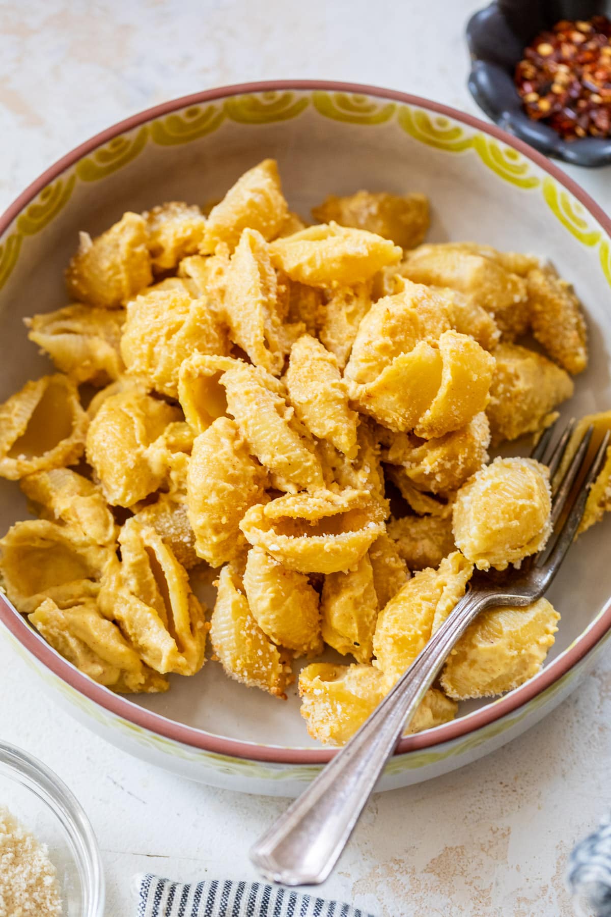 side view of vegan mac and cheese in a bowl.