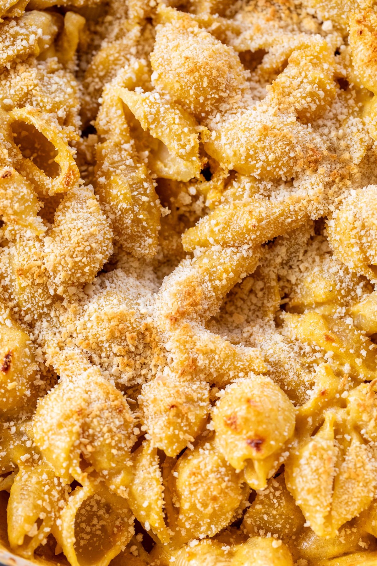 close up on vegan mac and cheese topped with breadcrumbs.