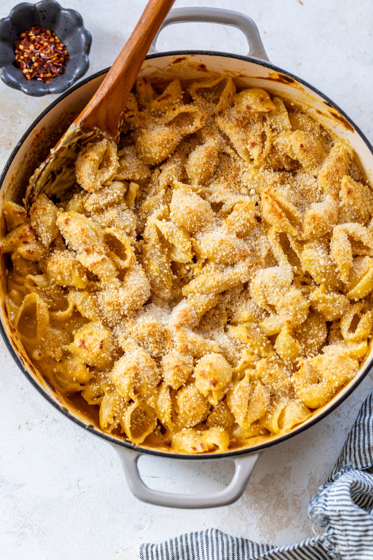 overhead view vegan mac and cheese in a large pot.