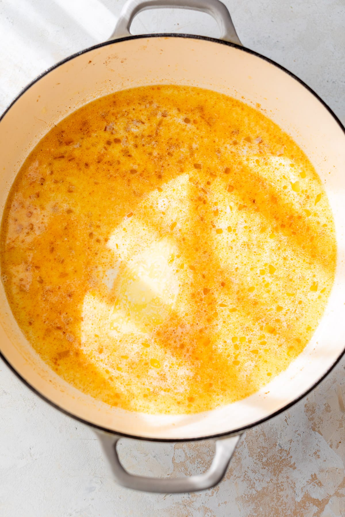 overhead view of the base of the sauce for vegan mac and cheese.