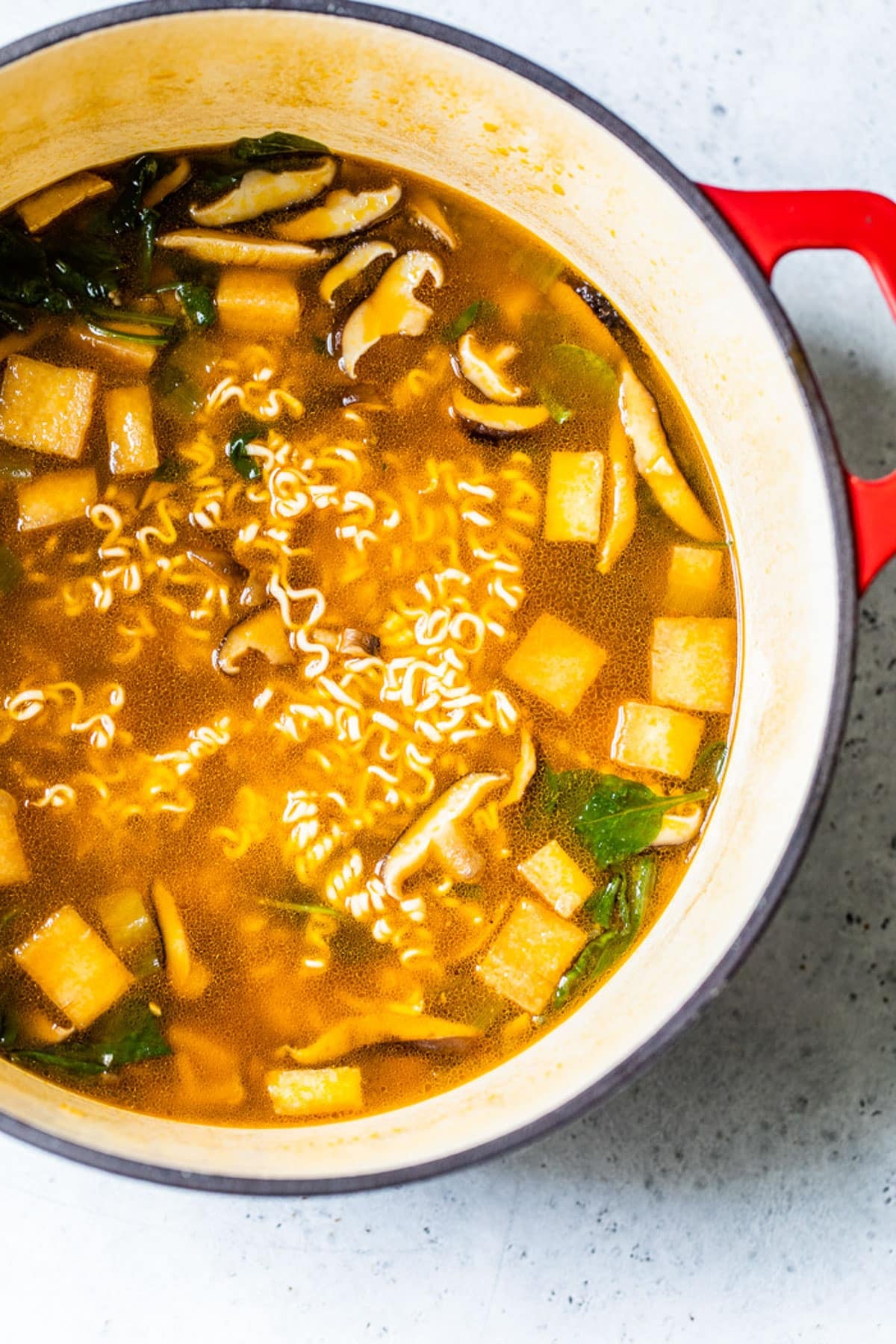 overhead view of a pot full of vegan ramen.