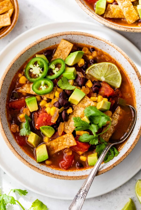 vegan tortilla soup in a bowl with a spoon topped with sliced jalapeño and tortilla strips
