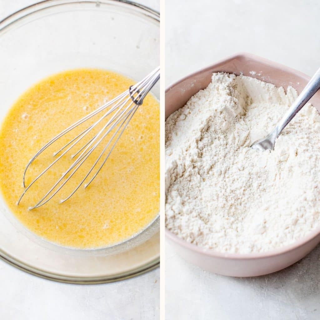 whisked wet ingredients in a bowl and whisked dry ingredients in a separate bowl