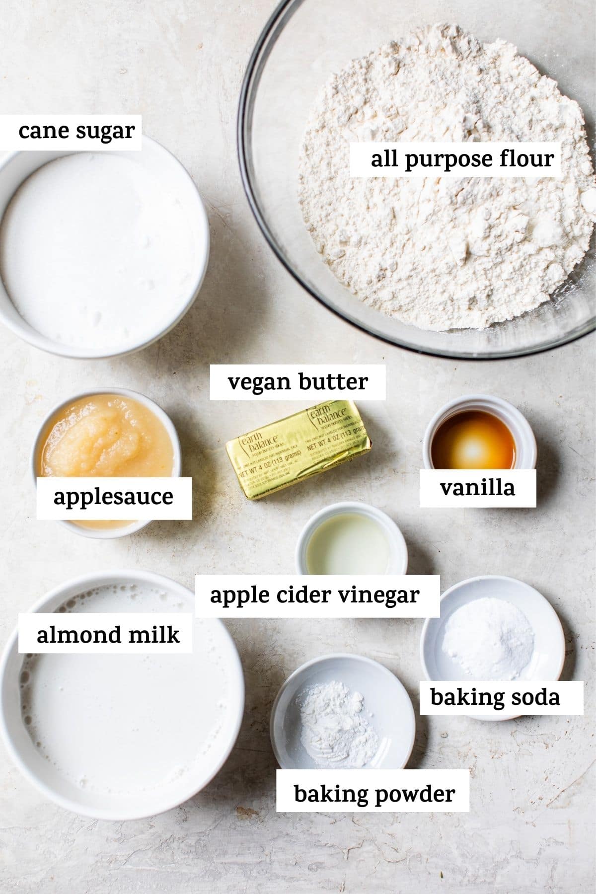 ingredients to make a cake with text overlay