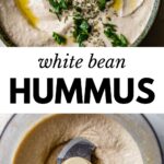 2 images: the top image shows white bean hummus in a bowl with a cracker and olive oil and the bottom image shows the hummus blended in a food processor