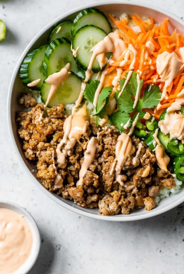 bowl with ground pork and vegetables