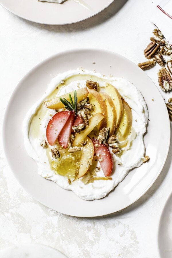 Yogurt Stone Fruit Salad made with caramelized onions, stone fruit and butter roasted pecans | thealmondeater.com