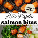 pinterest image with overlay text, "Air Fryer Salmon Bites".