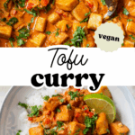 Pinterest image with overlay text, "tofu curry".