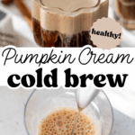 pinterest image with overlay text, "pumpkin cream cold brew".
