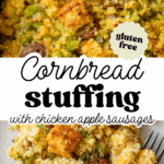 Pinterest image with overlay text, "cornbread stuffing with chicken apple sausages".