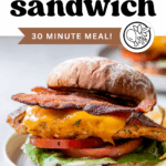 PInterest image with text overlay, "grilled chicken sandwich".