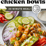 Pinterest image with overlay text, "Buffalo Chicken Bowls".