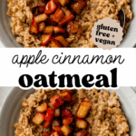 two images of a bowl of oatmeal topped with diced cooked apples