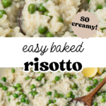 Pinterest image with overlay text, "easy baked risotto".