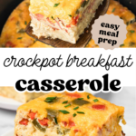 Pinterest image with overlay text, "crockpot breakfast casserole".